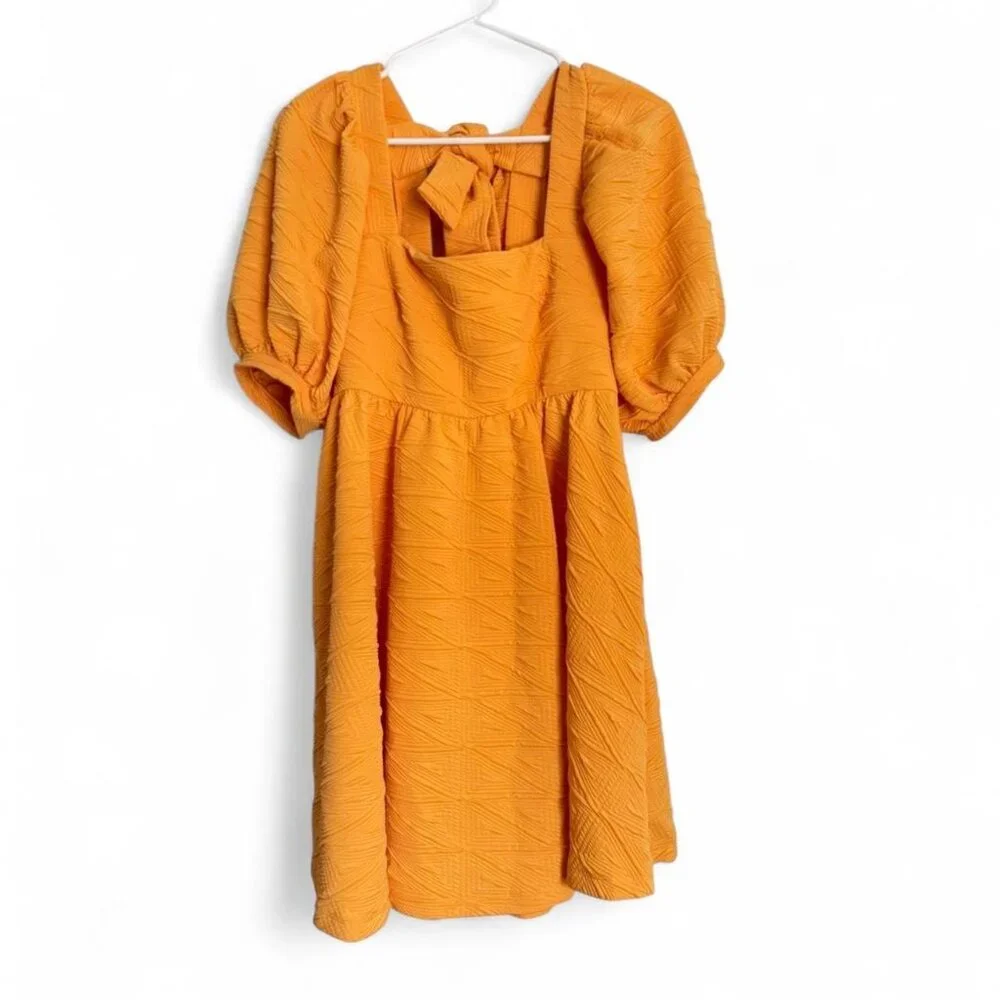 NWT Free People Women's Orange and Yellow Babydoll Puffy Sleeved Dress - Picture 2 of 9